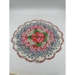 Vintage 1940’s Handkerchief 12” Round Red, Pink, Green And Blue Vibrant